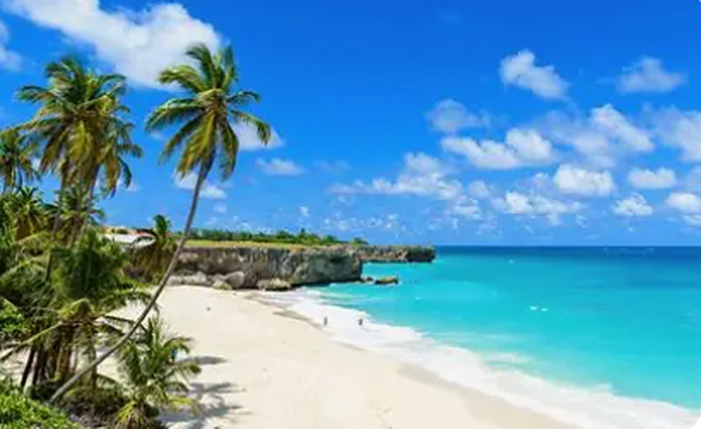 Turquoise water, white sand and palm trees at a Barbados beach